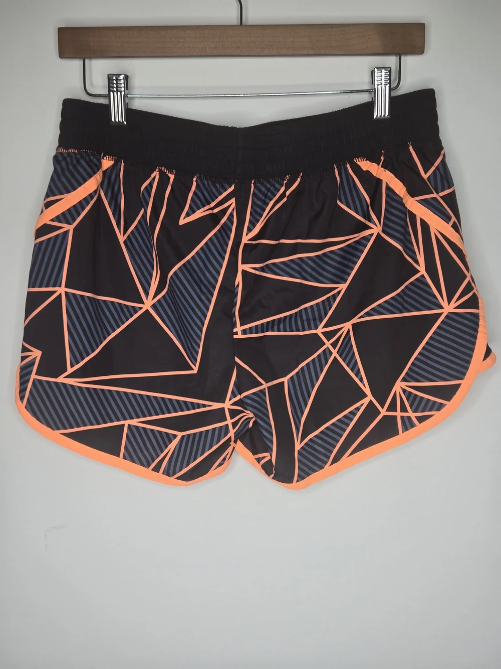 Champion Black Athletic Running Shorts with Neon Orange Geometric Print Size M